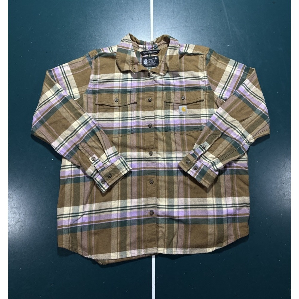 Carhartt‎ Womens Relaxed Fit Plaid Flannel Shirt Size XL Tan Tencel Fiber Series